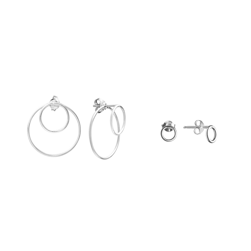 The Lines duo - Silver Double Circle & Mini Circle Earrings